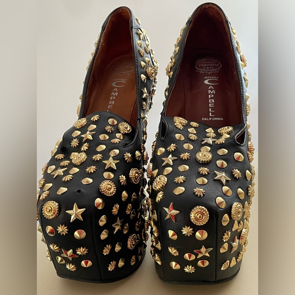 Jeffrey Campbell Black Leather Studded Platform Loafers with Gold Embellishments